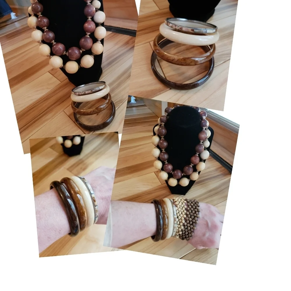 Boho Artisan Wooden Jewelry Set 2Necklaces 2 Bracelets Ivory Browns +4 Gifts New